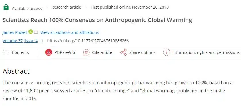 «Los científicos alcanzan el 100% del consenso sobre el Calentamiento Global antropogénico». Foto: Sage Journals