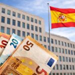 Billetes de euro y bandera española-min