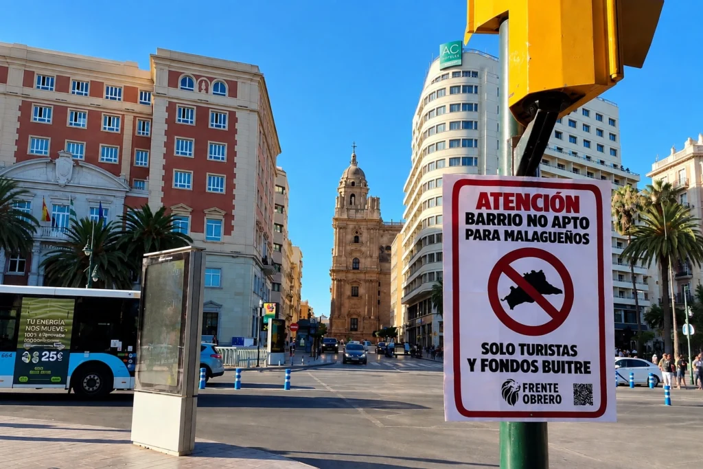 La organización está llevando a cabo una campaña de protesta en distintos puntos de la capital de la Costa del Sol para denunciar la subida de los alquileres y del precio de la vivienda, la especulación inmobiliaria y un modelo turístico que está expulsando a los malagueños de sus barrios.
